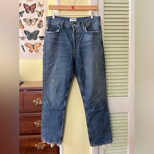 AGOLDE Women’s Riley Crop Distressed Medium Wash Jeans in Like New Condition